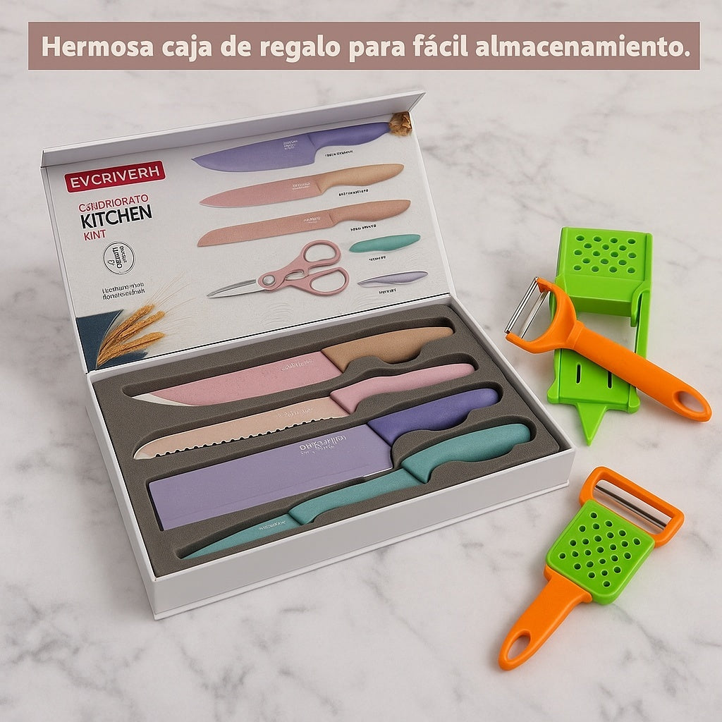 Pelador multifuncional 2-en-1 + Juego De 6 Cuchillos De Cocina Profesionales.